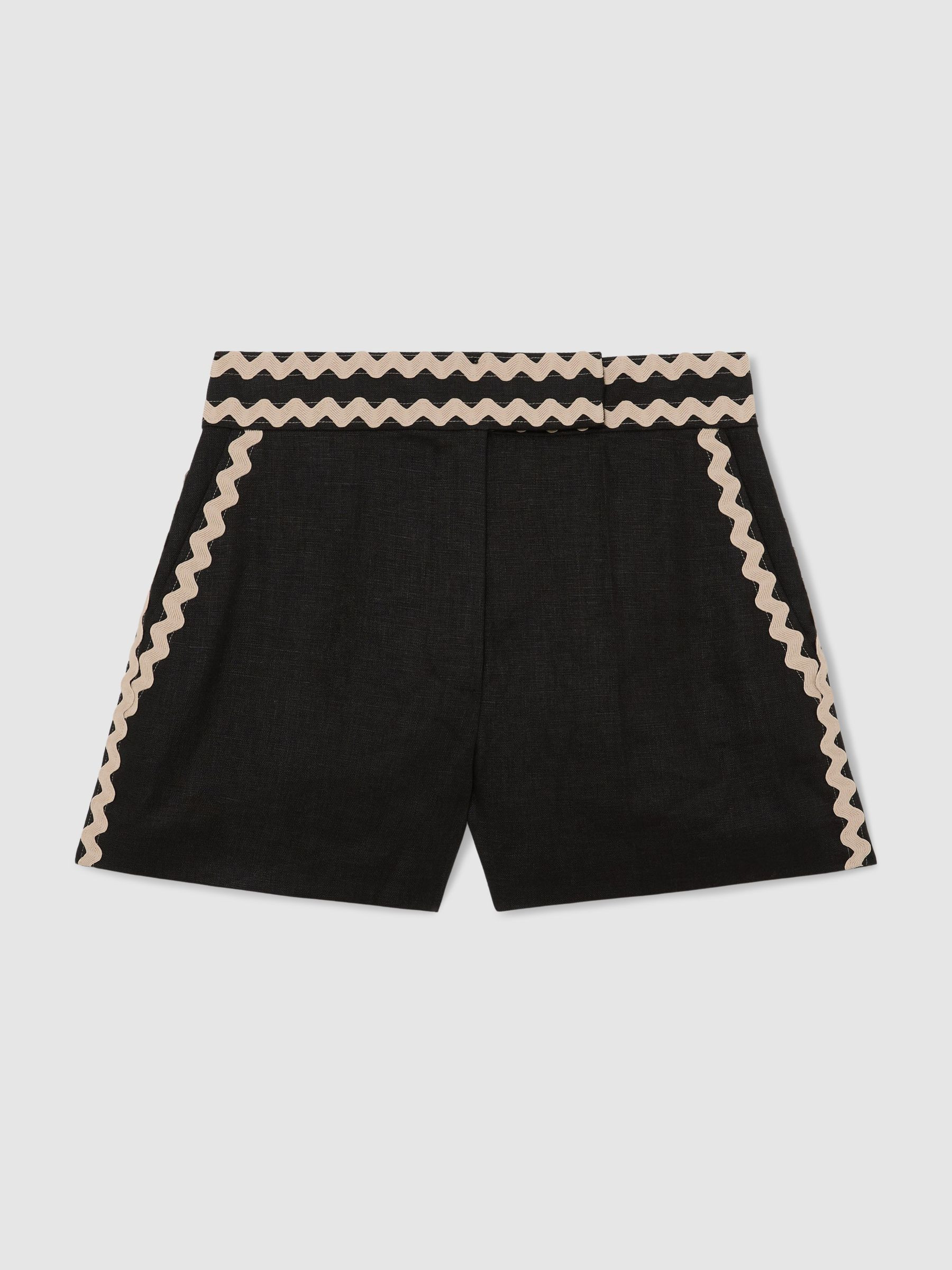 Linen Wave-Trim Shorts in Black | Reiss UK