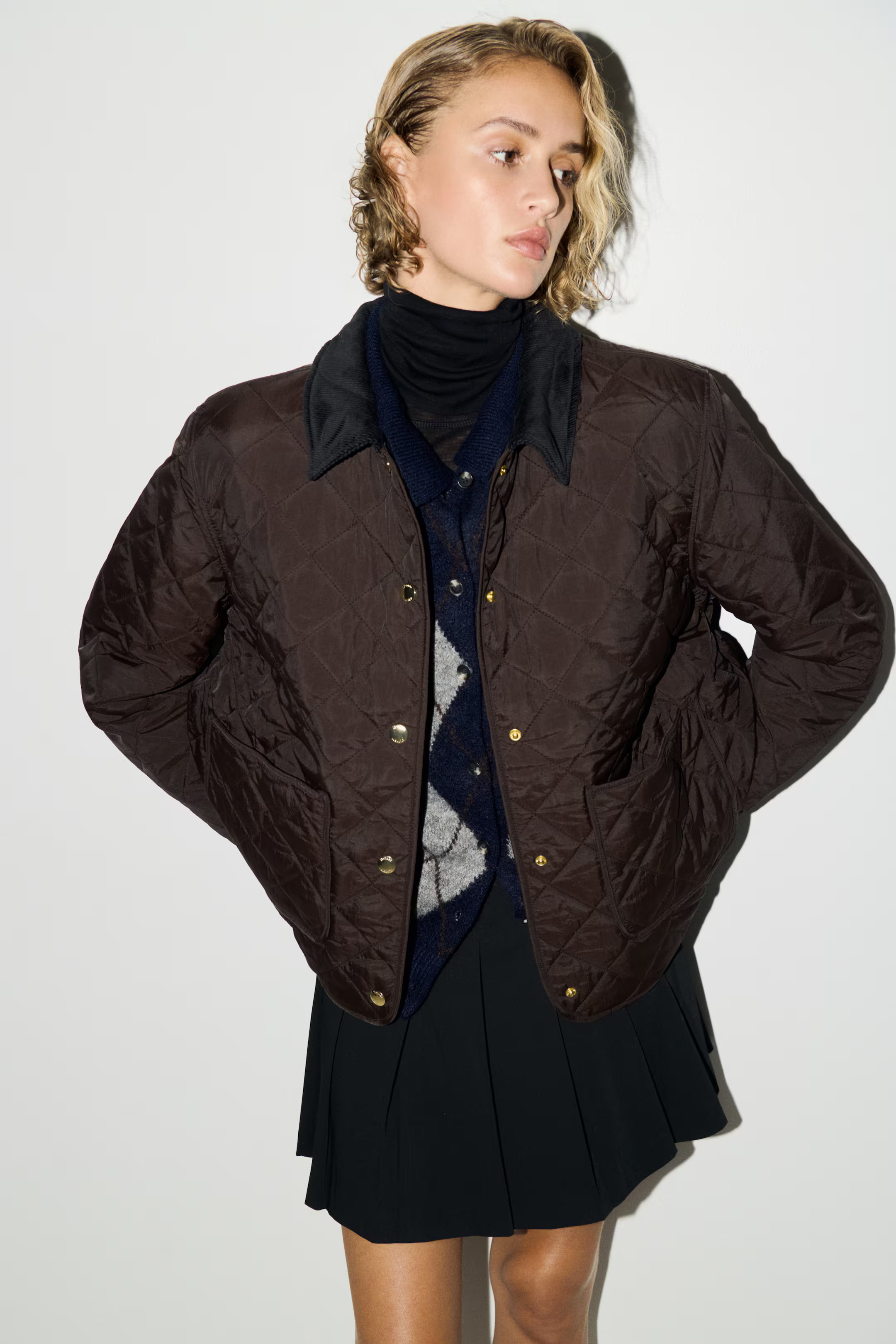 Quilted Jacket with Corduroy Collar - Dark brown - Ladies | H&M US | H&M (US + CA)
