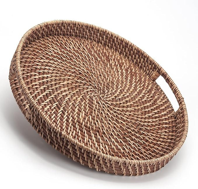 Round Rattan Woven Serving Tray with Handles Ottoman Tray for Breakfast, Drinks, Snack for Coffee... | Amazon (US)