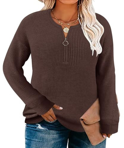Rirtera Plus Size Sweaters for Women Long Sleeve Knitted Pullover Sweatshirts Solid Coffe Brown Jumper Tops with Zip Up Lightweight Casual Winter 5XL | Amazon (US)