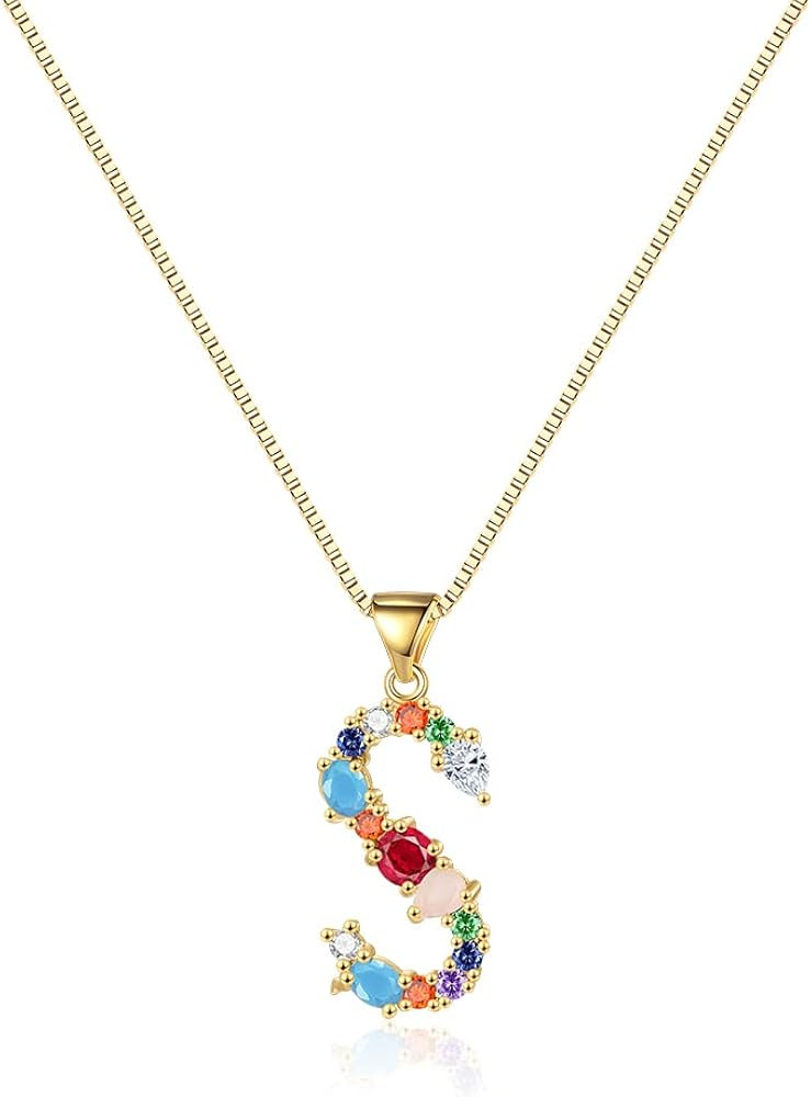 Eben-Ezer 18K Gold Box Chain Choker Initial Necklace Multi-Color Zircon Letter Pendant Script Nam... | Amazon (US)