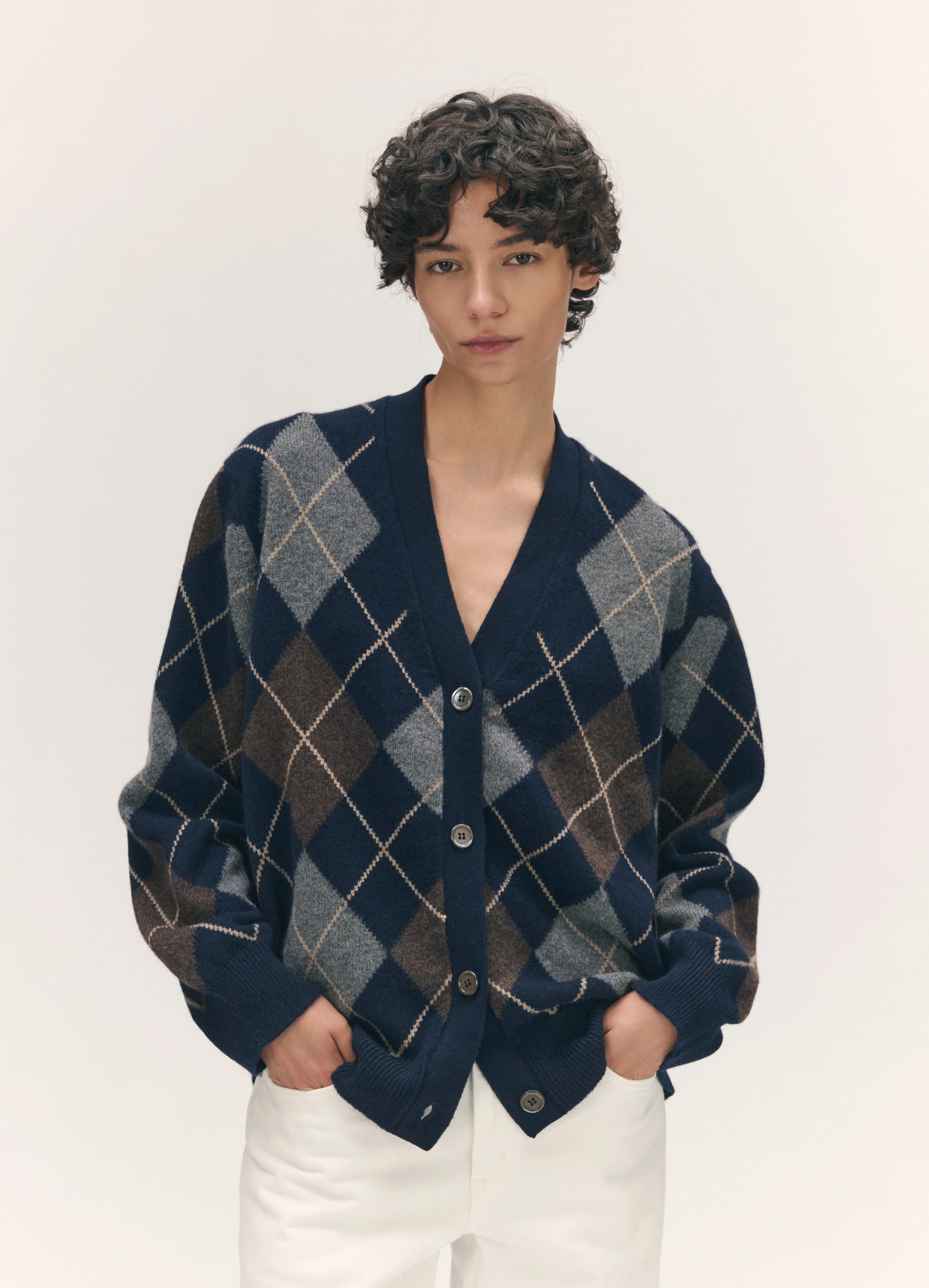 Ava Argyle Cardigan in Navy with Brown | & Daughter (Global)
