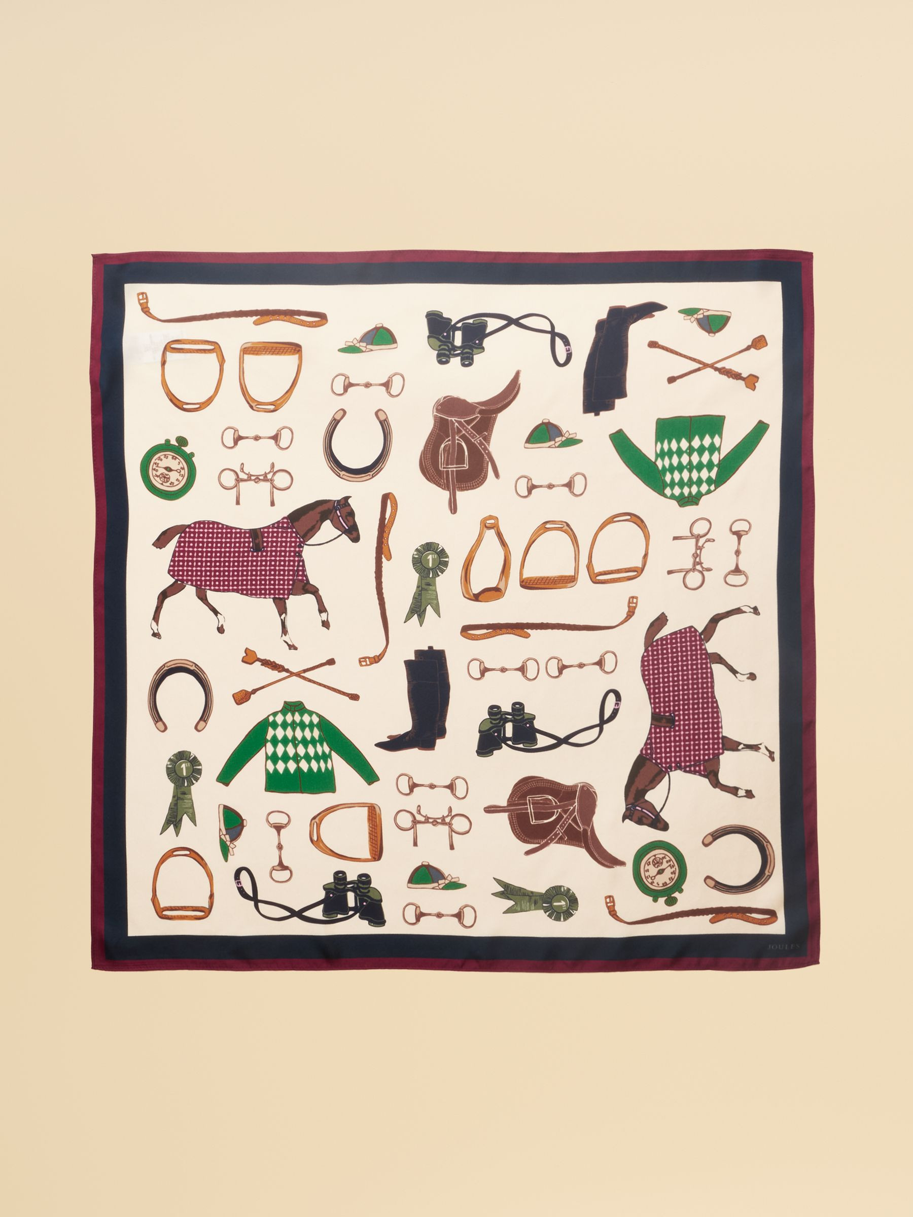 Elsie Cream Navy Equestrian Square 100% Silk Scarf | Joules | Joules