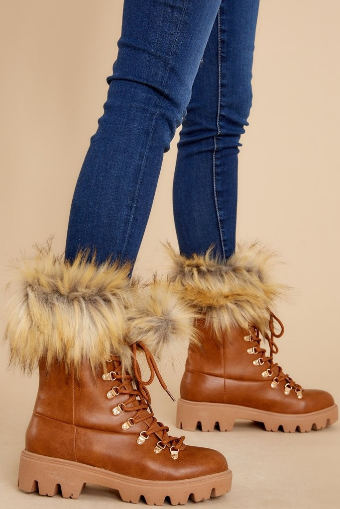 Melt The Snow Cognac Vegan Fur Boots | Red Dress 