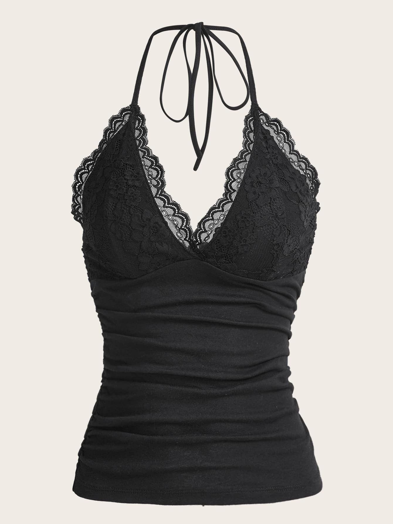 ROMWE PUNK Grunge Contrast Lace Ruched Halter Top Without Gloves | SHEIN