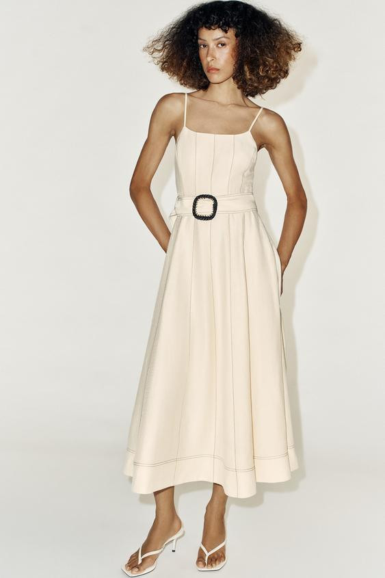 LINEN MIDI DRESS WITH CONTRAST STITCHING AND BELT | Zara US