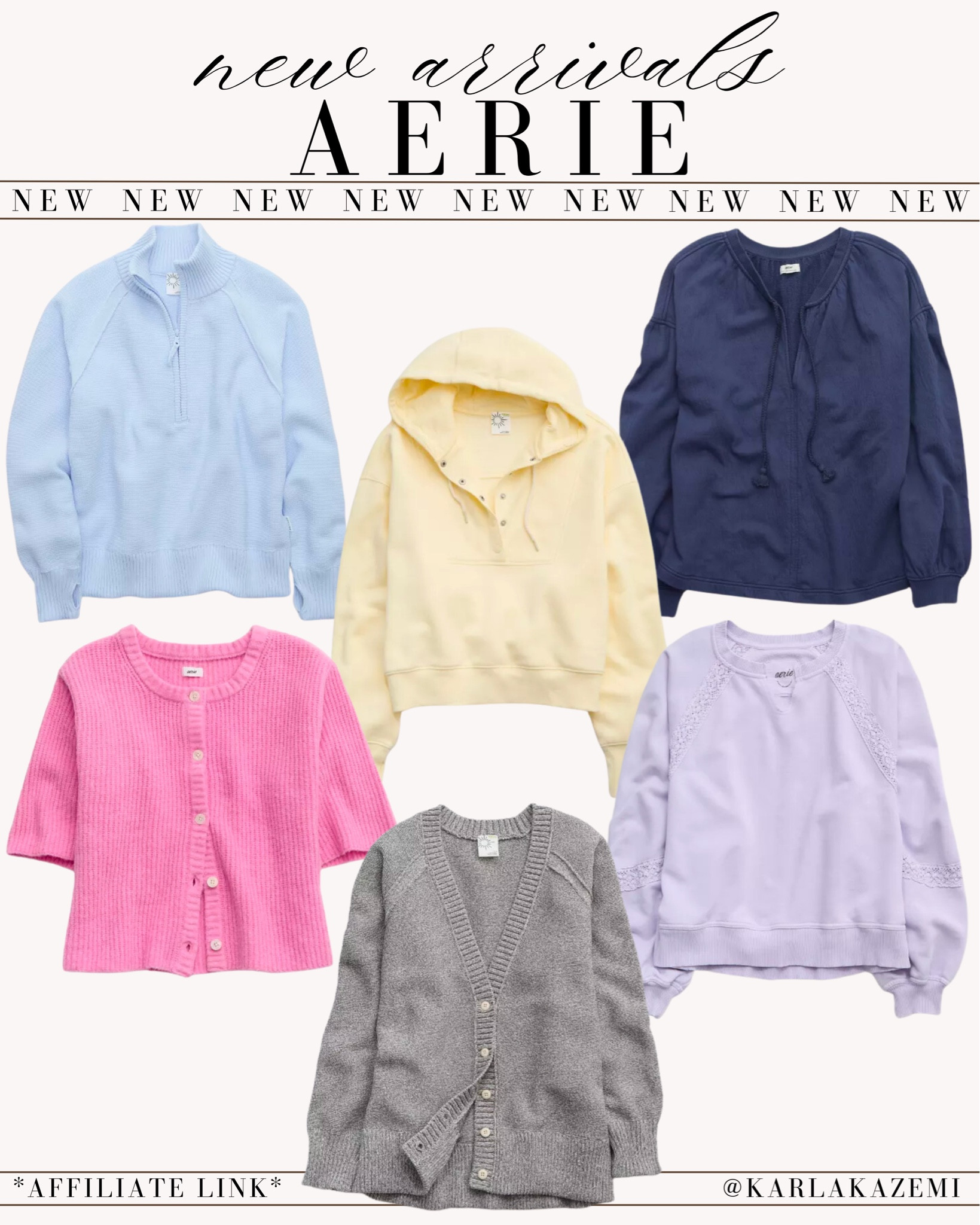 New spring arrivals at aerie! I’m completely in loves with all of these!!! I can’t wait to do an irl try on😍 

Cutest pull over sweaters, cardis, and crewnecks! I love the feminine details on these pieces like the lace and the cut of the fabric😍


Spring fashion, new arrivals, new spring fashion, spring outfit inspo, outfit inspo, midsize fashion, boho style, easy mom outfits, sweatshirts, cardigans, cardi, hoodies, pullovers, crewnecks.


#LTKOver40 #LTKSeasonal #LTKMidsize