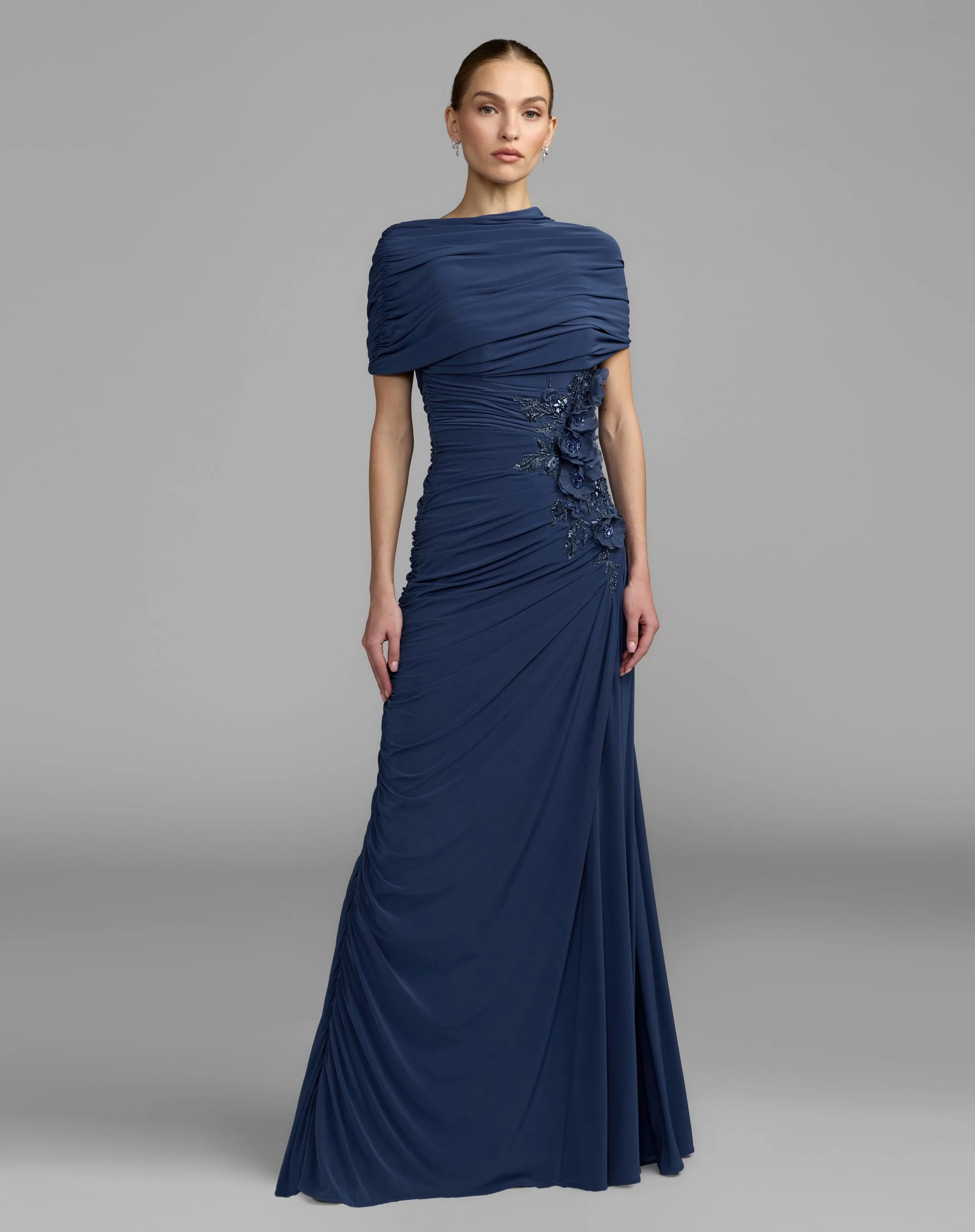 Navy Embellished Jersey Draped Column Gown | Mac Duggal | Mac Duggal