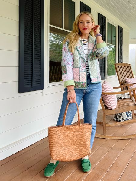 Sale alert! This quilted jacket - perfect for spring and summer layers - is now 20% off with code SPRING20. I’m wearing a small. 
And these Levi’s are priced right and fit like a glove 

More everyday casual outfits on CLAIRELATELY.com 👉🏼

Madewell woven tote bag, sezane stripe tank top, rothy green drivers, 

#LTKItBag #LTKWorkwear #LTKStyleTip