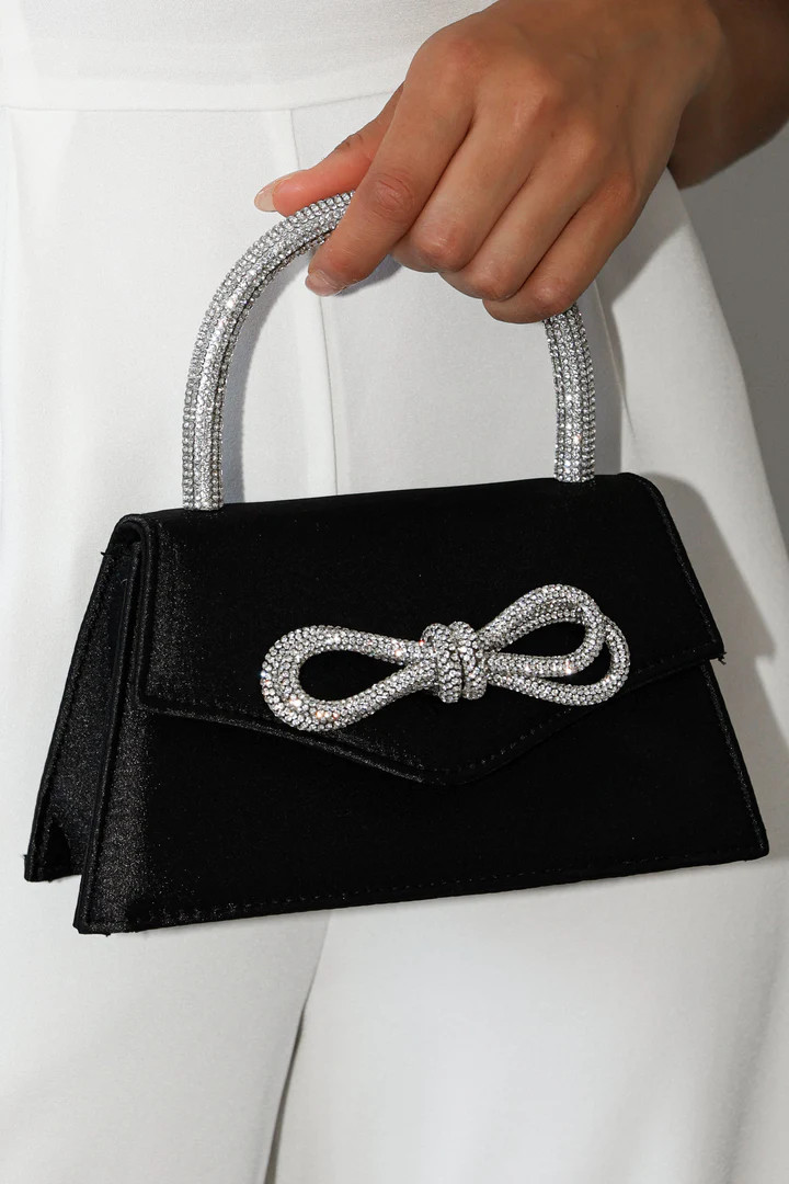 Flicka Rhinestone Bow Bag - Black Satin | Petal & Pup (US)