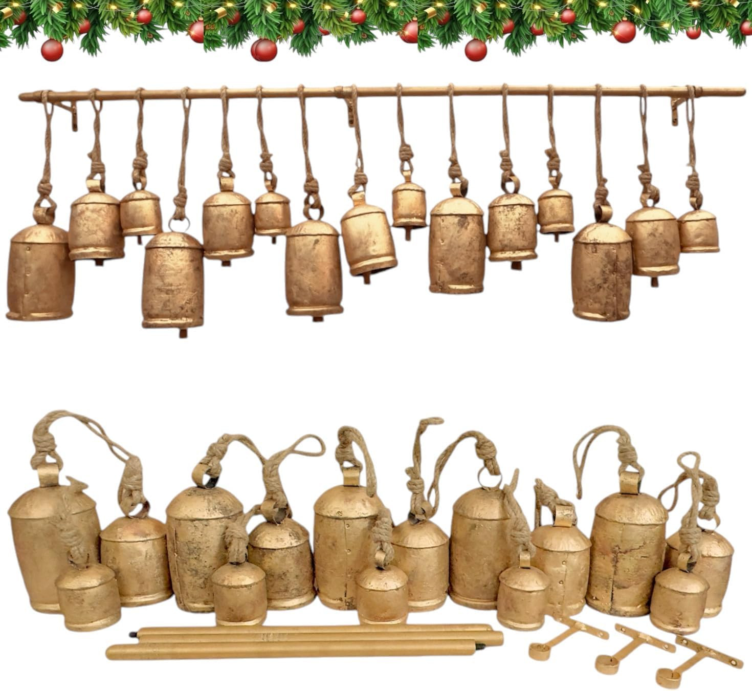 RW Rustic Hanging Bells - Set of 15, Handmade Indian Brass with Golden Color, Vintage Style for Christmas Wreaths, Wall Hanging, and Wedding Decorations | Amazon (US)