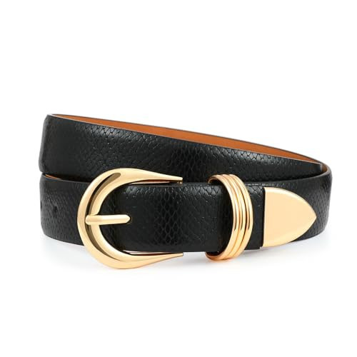 RISANTRY Black Belt for Women Fashion Textured Leather Belt with Metal Rings and Gold Buckle Perfect for Formal and Casual | Amazon (US)