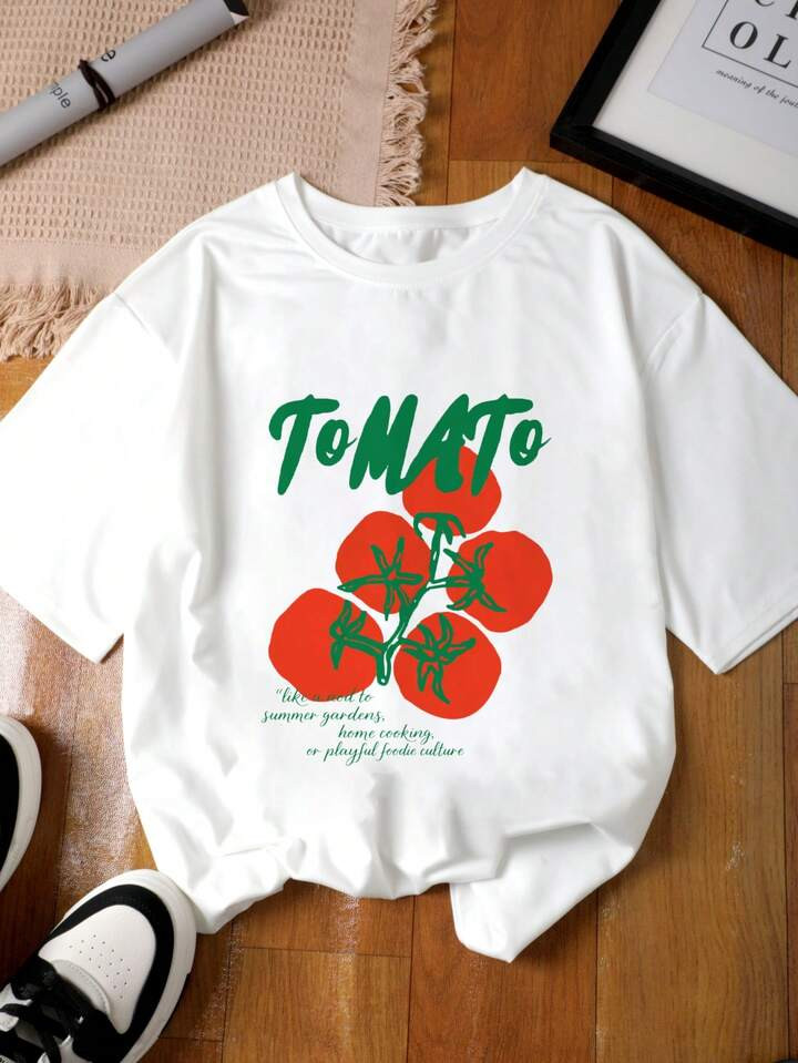 Casual White Tomato Pattern Crew Neck Short Sleeve T-Shirt, Women's Loose Summer T-Shirt, Plus Size Women's Clothing | SHEIN
