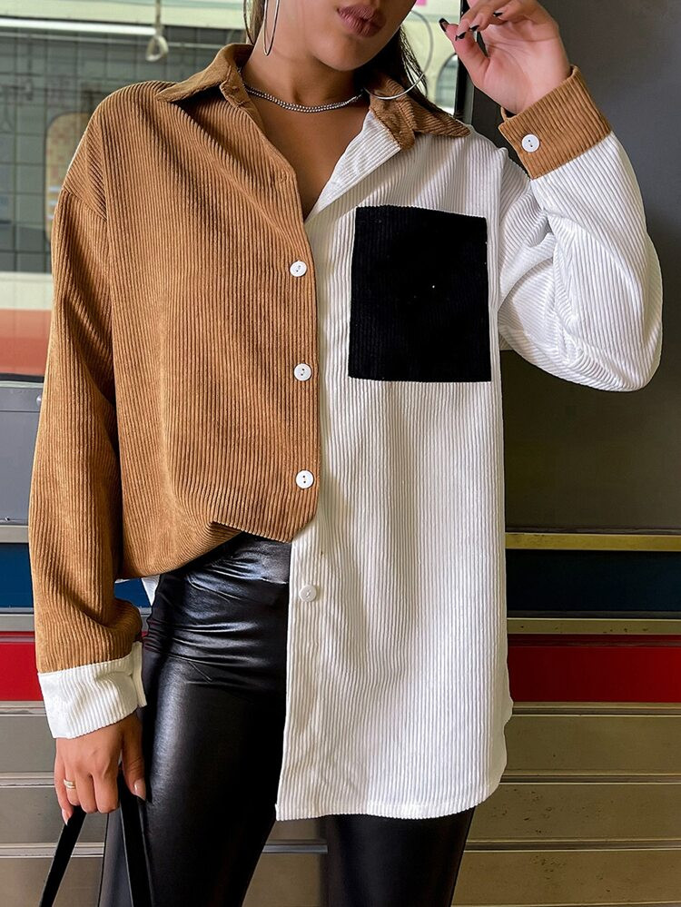 Color-block Drop Shoulder Button Front Cord Shirt | SHEIN