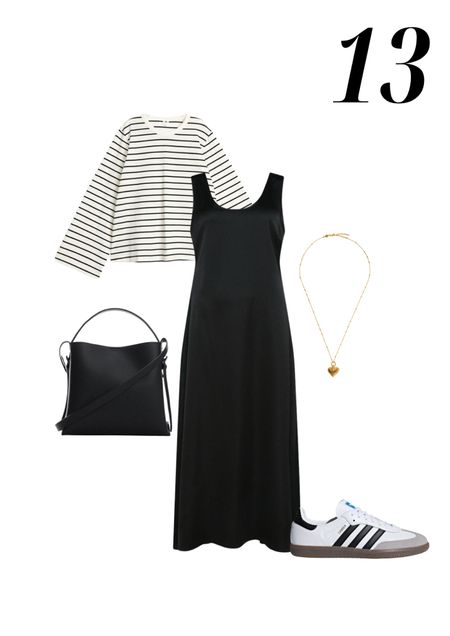 Satin midi slip dress styled with a long sleeve stripe top, gold heart necklace, Adidas Samba Trainers and black shopper bag