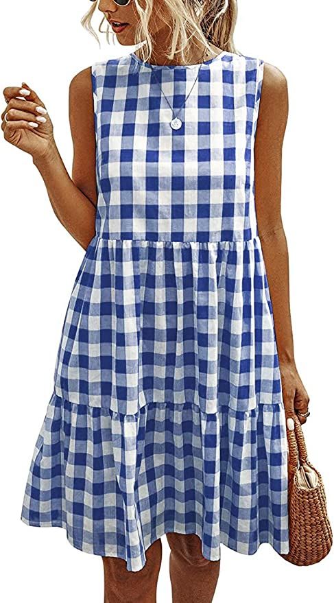 PRETTYGARDEN Women's Casual Plaid Sleeveless Ruffle Sundress Round Neck A-Line Pleated Mini Short... | Amazon (US)