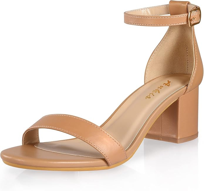 Ankis Nude Silver Black Heels Women's Open Toe Ankle Strap Block Chunky Low Heeled Sandal Comfort... | Amazon (CA)