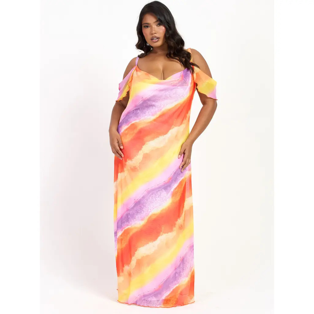 FASHION-SZN CURVE Cold Shoulder Marble Print Maxi Dress in Purple at Nordstrom, Size 22 | Nordstrom
