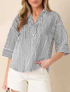 Watashi Women Striped Print Dressy Shirts Casual Oversize Henley Shirt 3/4 Sleeve Collared Office... | Amazon (US)