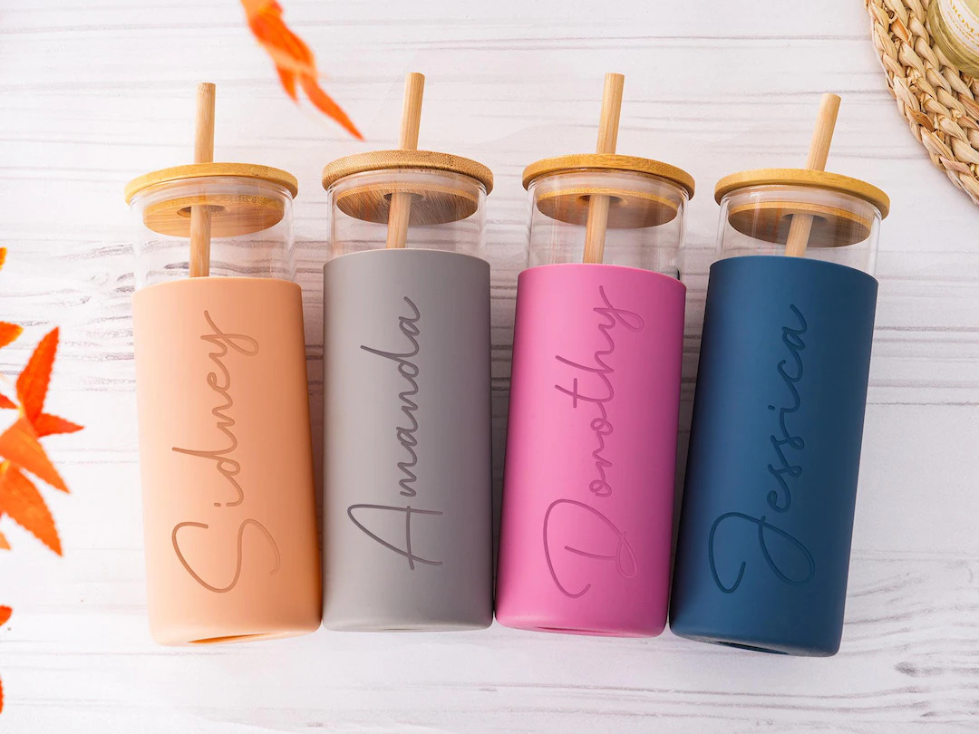 Custom Glass Tumbler With Wooden Straw,engraved Glass Tumbler With Silicone Sleeve,hot/cold Tumbl... | Etsy (US)