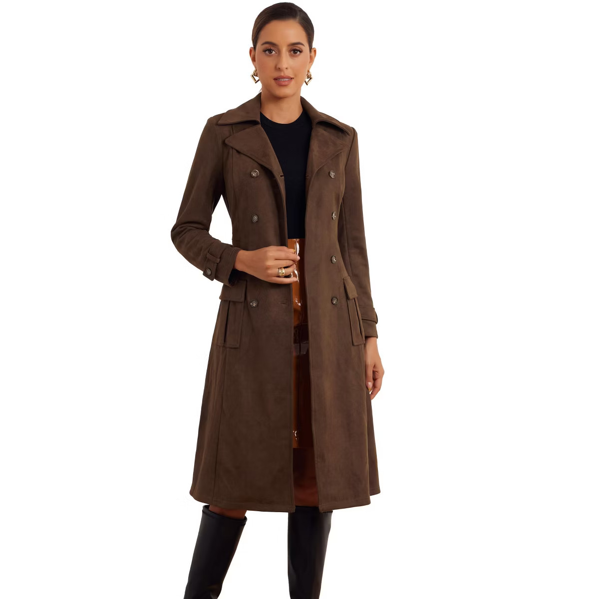 Allegra K Women's Faux Suede Notched Lapel Double Breasted Belted Long Sleeve Trench Coat | Target