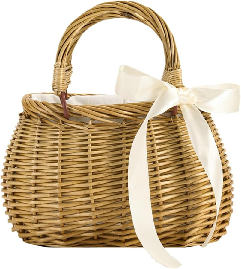 Wicker Basket Lace Ribbon Handbag Vacation Wedding Woven Handbag Drawstring Inner Pouch Daily Use... | Amazon (US)