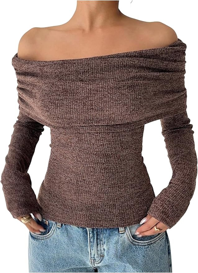 MakeMeChic Women's Striped Sweater Off The Shoulder Long Sleeve Tops Y2k Fuzzy Going Out Tops | Amazon (US)