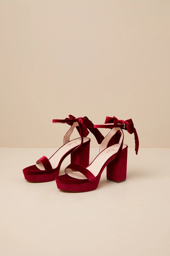 Sassyy Wine Velvet Bow Platform Ankle Strap Sandals | Lulus