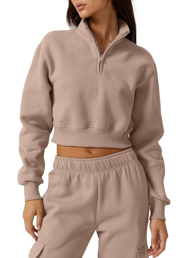 QINSEN Womens Half Zip Crop Sweatshirt High Neck Long Sleeve Pullover Cropped Top | Amazon (US)