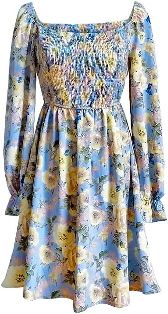 Womens Square Neck Dress Long Sleeve A-Line Casual Short Mini Dress Floral Print Swing A Line Dress  | Amazon (US)