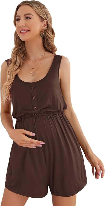 Verdusa Women's Maternity Scoop Neck Button Front High Waist Tank Romper | Amazon (US)