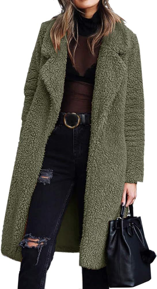 Angashion Women's Fuzzy Fleece Lapel Open Front Long Cardigan Coat Faux Fur Warm Winter Outwear Jack | Amazon (US)