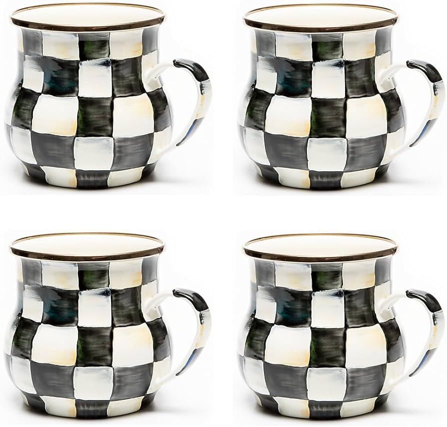MACKENZIE-CHILDS Courtly Check Enamel Mug Set, Black-and-White Coffee Cup, Set of 4 | Amazon (US)