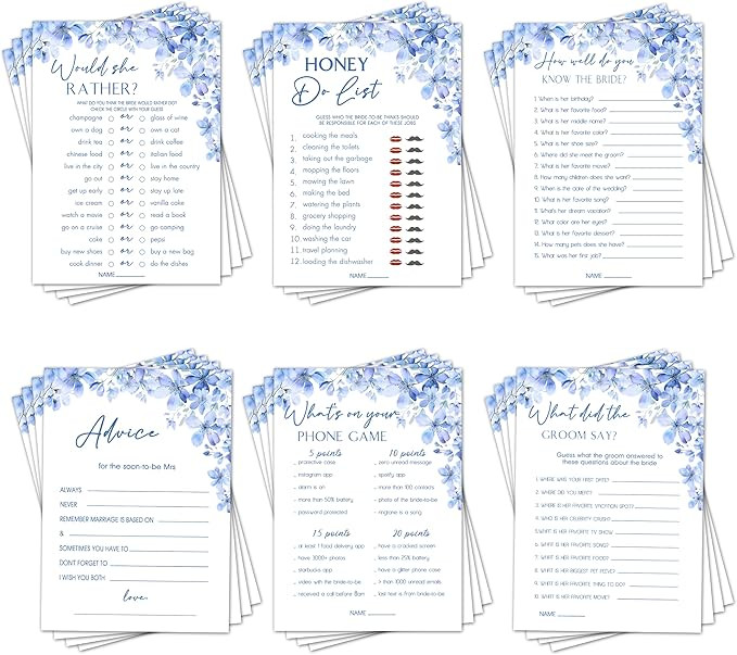 Bridal Shower Games Set of 6 Activities, Wedding Showers Games for Engagement Party Blue Flowers ... | Amazon (US)