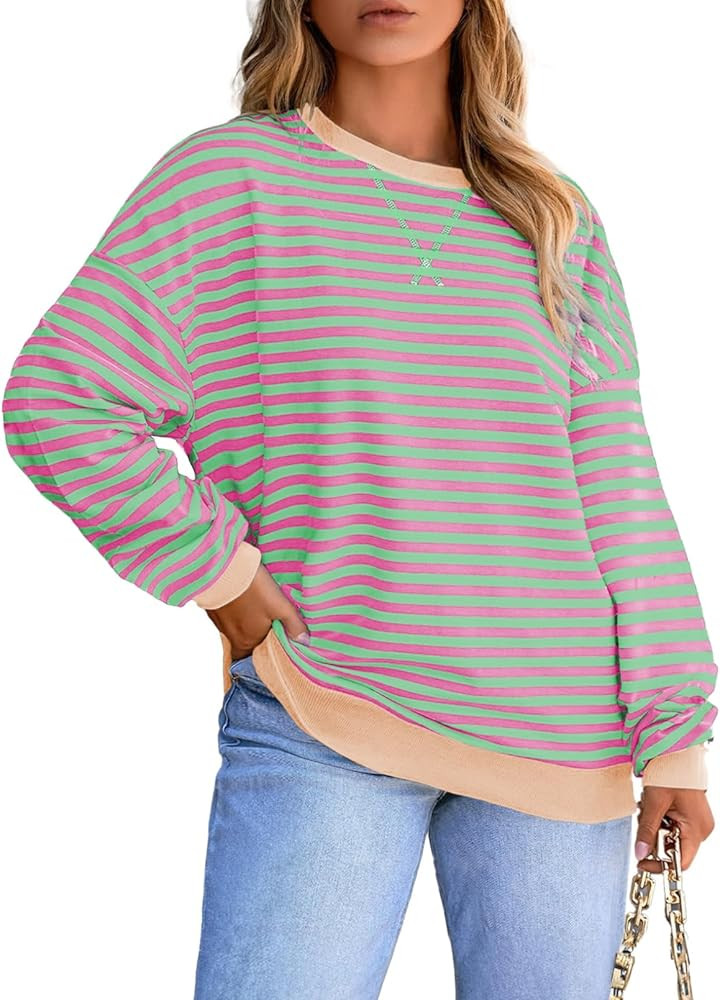 Eytino Women Plus Size Sweatshirt Striped Color Block Crew Neck Pullover Tops Long Sleeve Casual ... | Amazon (US)