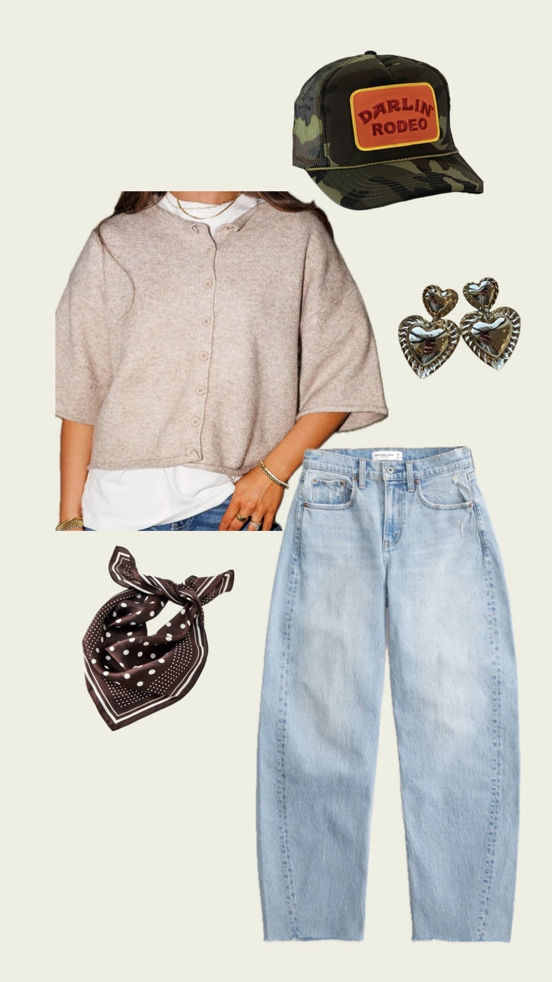 Mom spring outfit inspo 
Spring sweater 
Neck scarf, barrel jeans, trucker hat 

#LTKmomlife #LTKootd #LTKgrwm