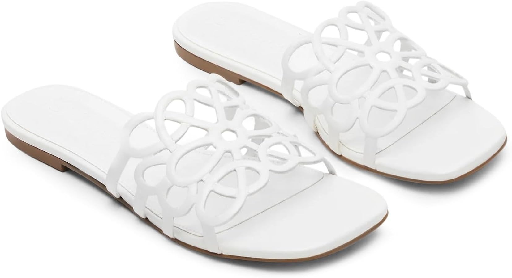 Coutgo Womens Flat Sandals Comfortable Square Open Toe Slides Slip On Summer Dressy Beach Shoes | Amazon (US)