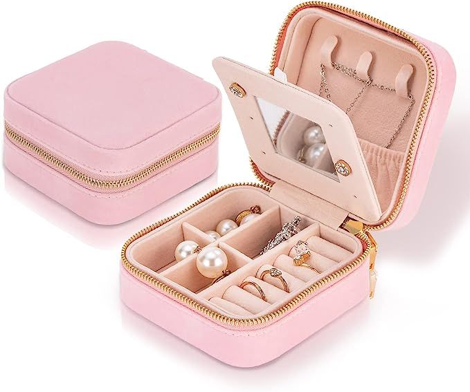 Travel Velvet Jewelry Box with Mirror, Mini Gifts Case for Women Girls, Small Portable Organizer ... | Amazon (US)