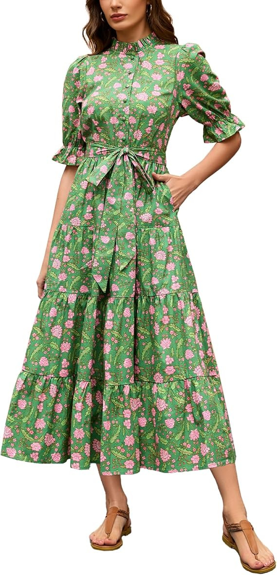 Women's Floral Printed Stand Ruffle Collar Midi Dress Half Sleeve Button Down Flowy Belted Beach ... | Amazon (US)