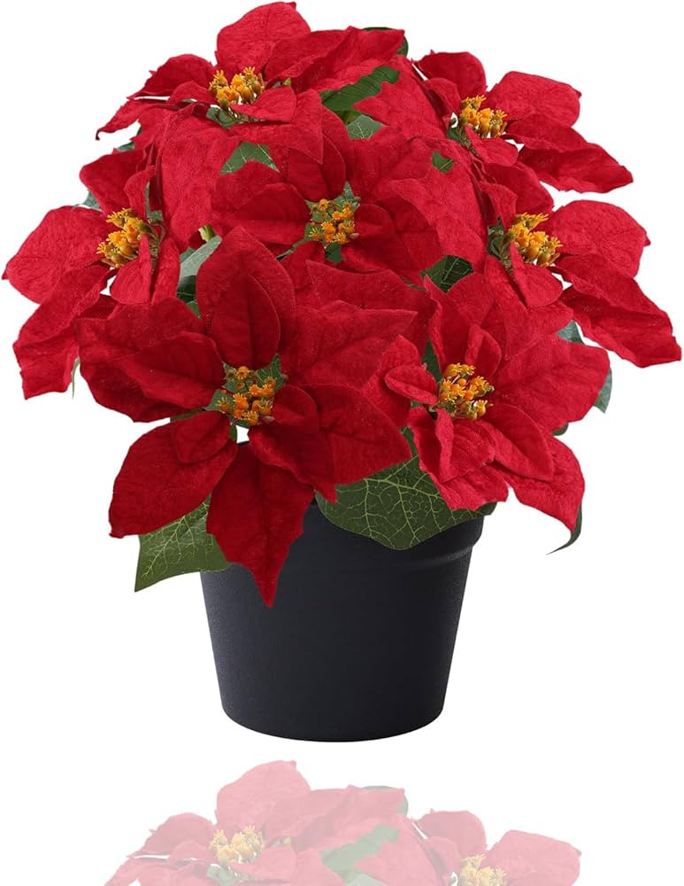 Poinsettias Artificial Christmas Flowers Red Faux Poinsettia Outdoor 15 Inch Winter Flowers for H... | Amazon (US)