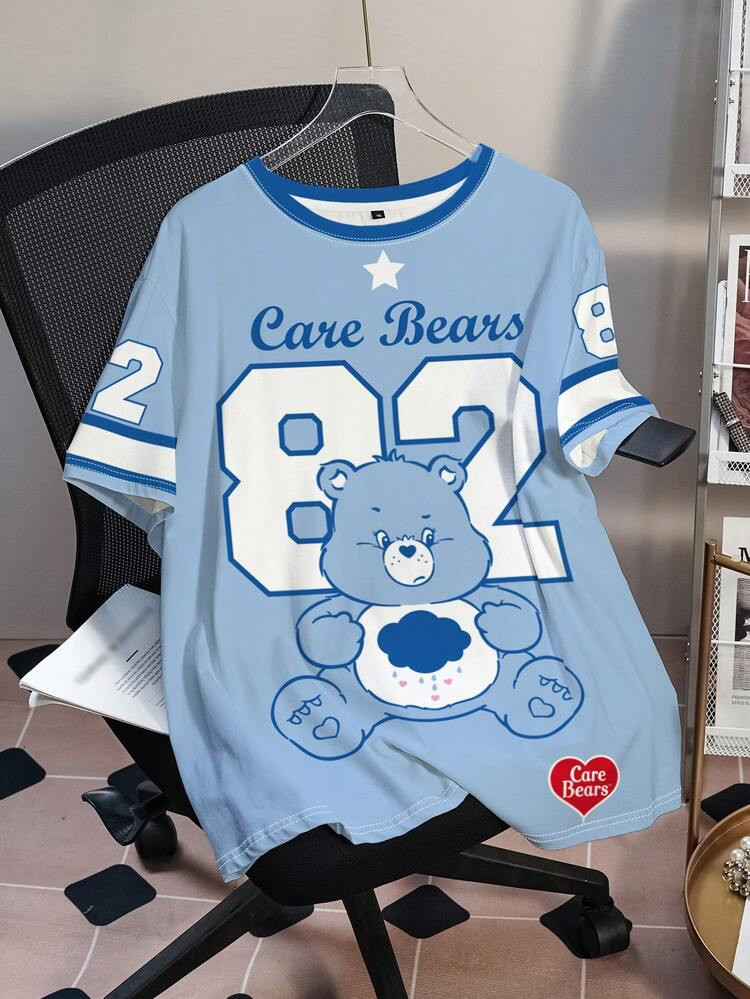 SHEIN X Care Bears Plus Size Summer Casual Letter & Bear Print Round Neck Short Sleeve T-Shirt | SHEIN