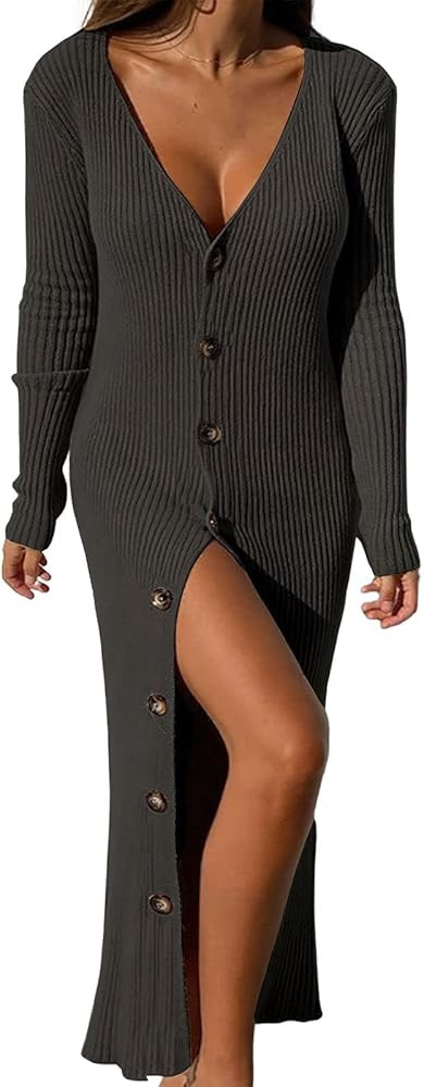 ebossy Women's Ribbed Slim Long Knit Cardigan Sweater Sexy V Neck Button Down Crochet Maxi Dress ... | Amazon (US)
