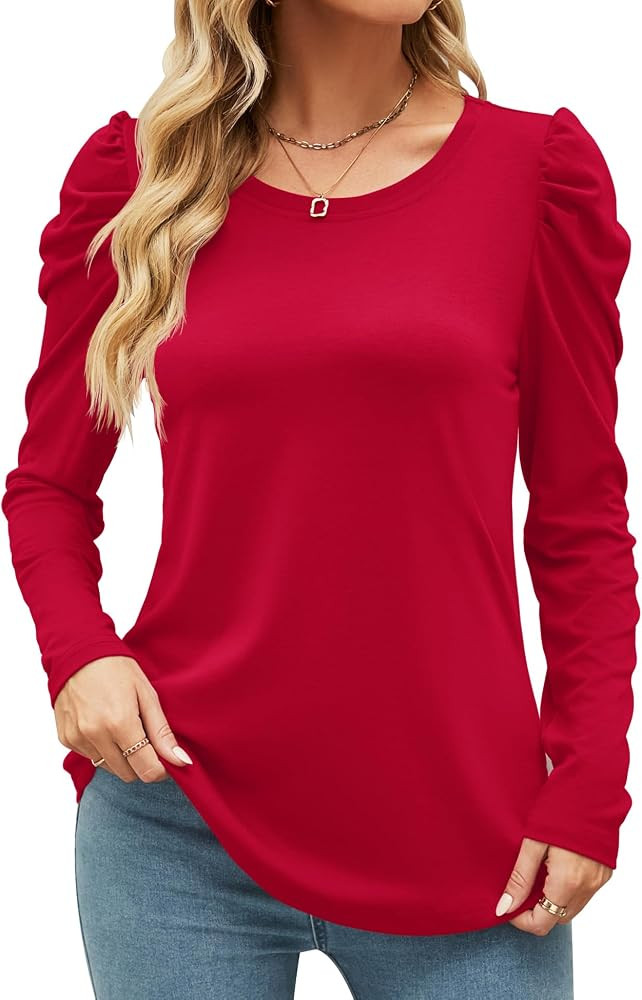 Ivicoer Women's Puff Sleeve Crew Neck Tunic Tops Casual Cute Loose Fit T Shirts Soft Work Floral ... | Amazon (US)