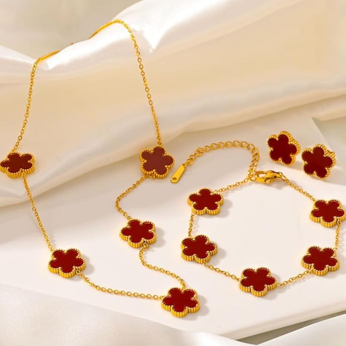 Lucky Clover Neckalce Earring Bracelet Set For Women Gold Plated Stainless Steel Chain Necklace w... | Amazon (US)