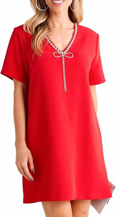 SCOFEEL Women's Sexy V Neck Short Sleeve Mini Dress Bow Glitter Rhinetone Trim Formal Elegant Par... | Amazon (US)