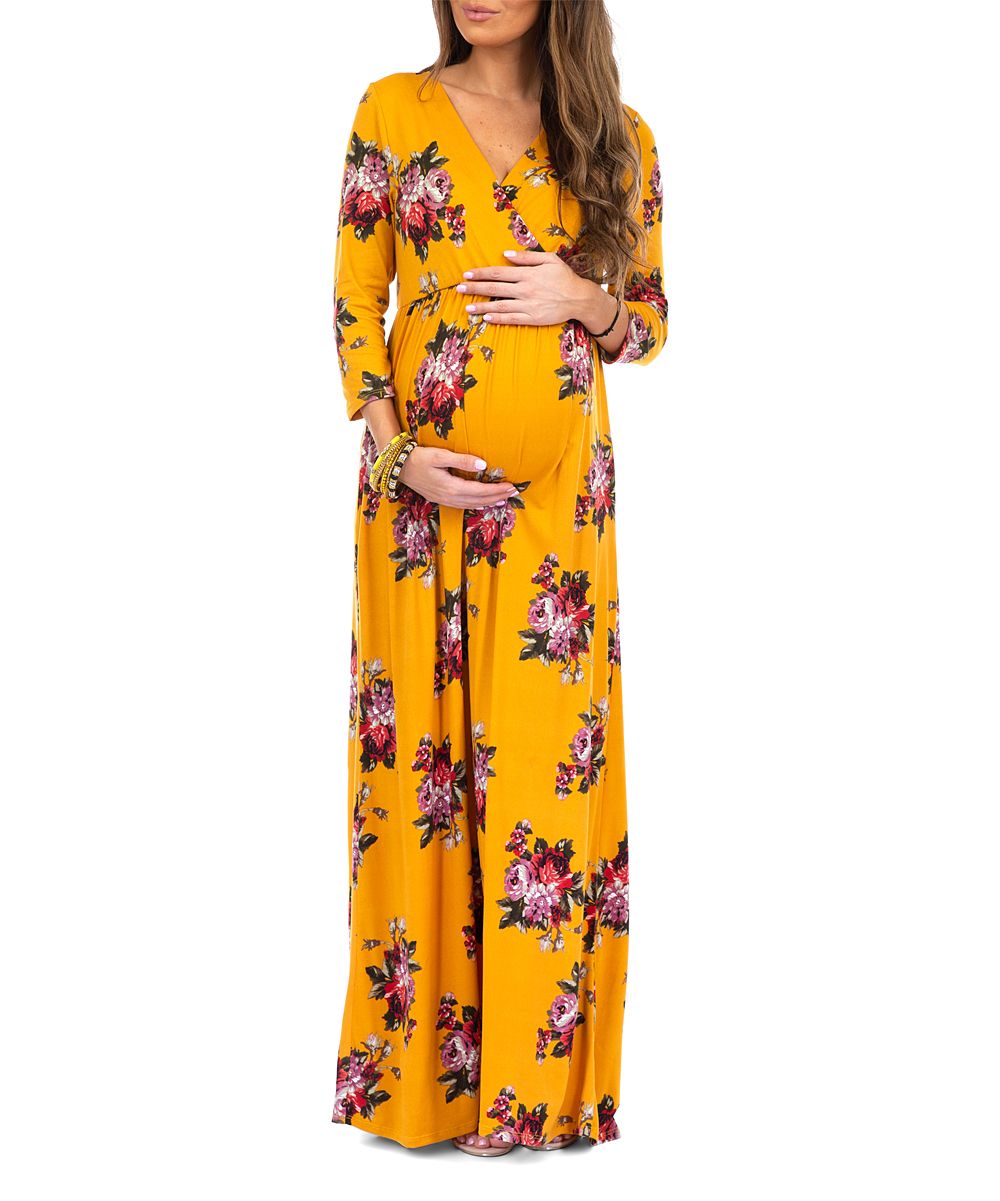 Yellow Floral Ruched Maternity Maxi Dress | zulily