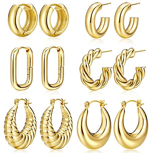 Gold Hoop Earrings for Women,14K Gold Plated Thick Hoop Earrings Pack, Chunky Hoops Set Hypoallergenic, Small Hoop Jewelry | Amazon (US)