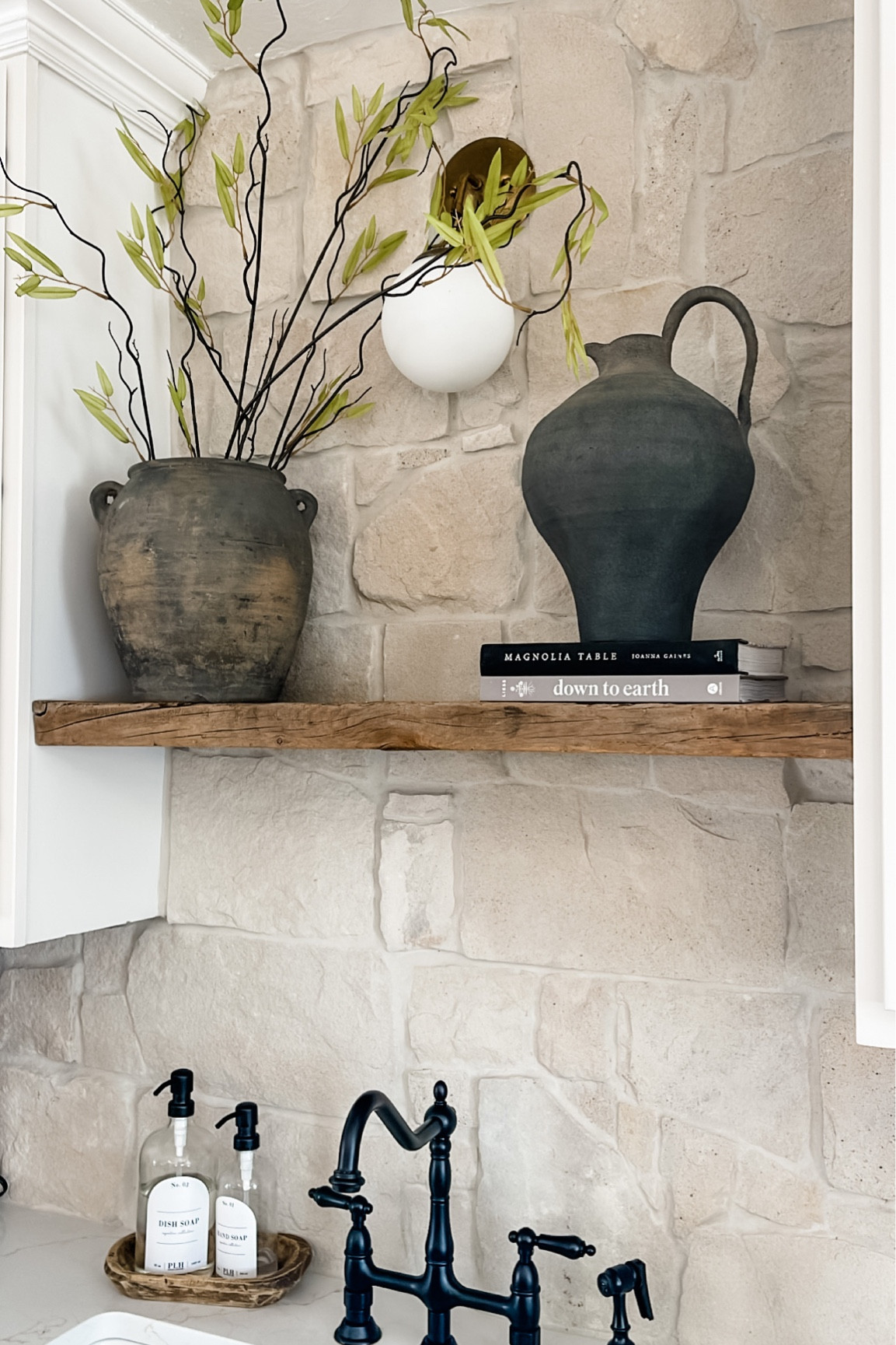 Kitchen decor. Amazon stems. Realistic faux greenery. Organic modern. Vintage pots and vases. Soak dispensers kitchen sink  