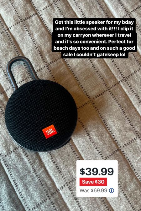 Got this little JBL clip speaker that’s perfect for traveling - I clip it on my backpack and going to be doing the same for my beach bag all summer !! 