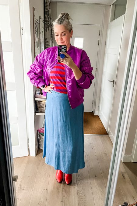 Ootd - Wednesday. Denim maxi wrap skirt (Summer Sky the label) paired with a striped t-shirt, red and pink cowboy boots (Dwrs the label) and a purple satin bomber jacket (Harper and Yve). 



#LTKstyletip #LTKeurope #LTKover40
